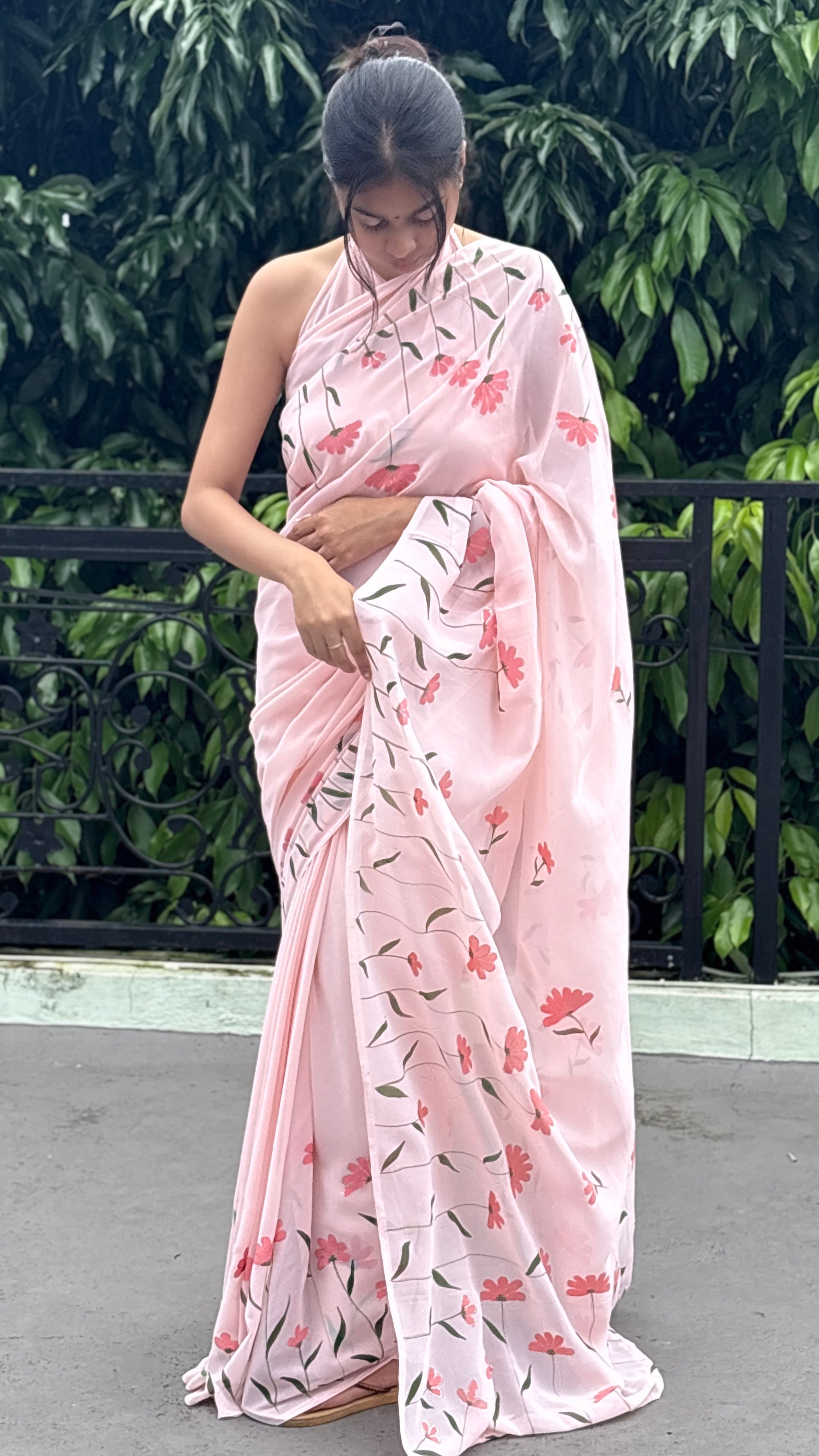 Hand-Painted Peach Saree