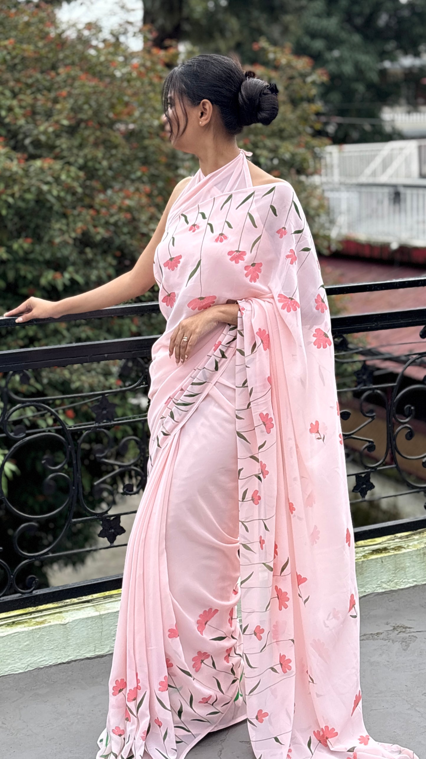 Hand-Painted Peach Saree