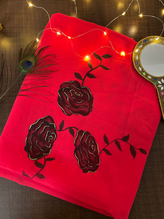 red handpainted saree with black rose. Chiffon fabric